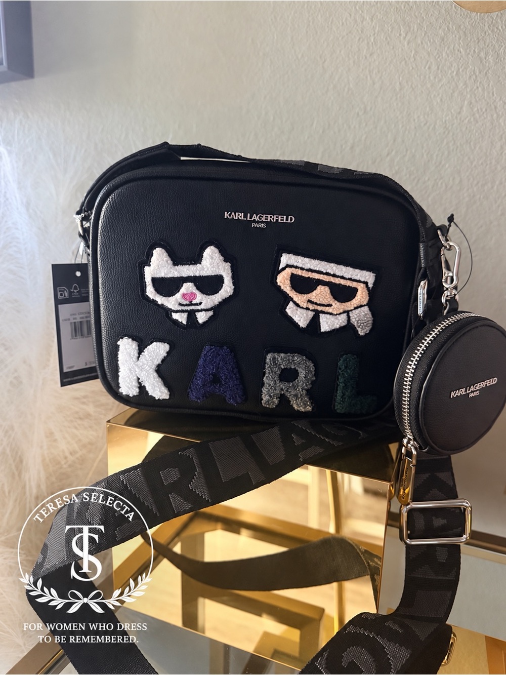 NWT Karl Lagerfeld Paris Maybelle Chenille Patch Crossbody Bag Black
